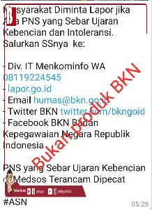 Masyarakat Dipersilahkan Lapor PNS Yang Lakukan Ujaran Kebencian, BKN: Pesan Itu Hoaks.